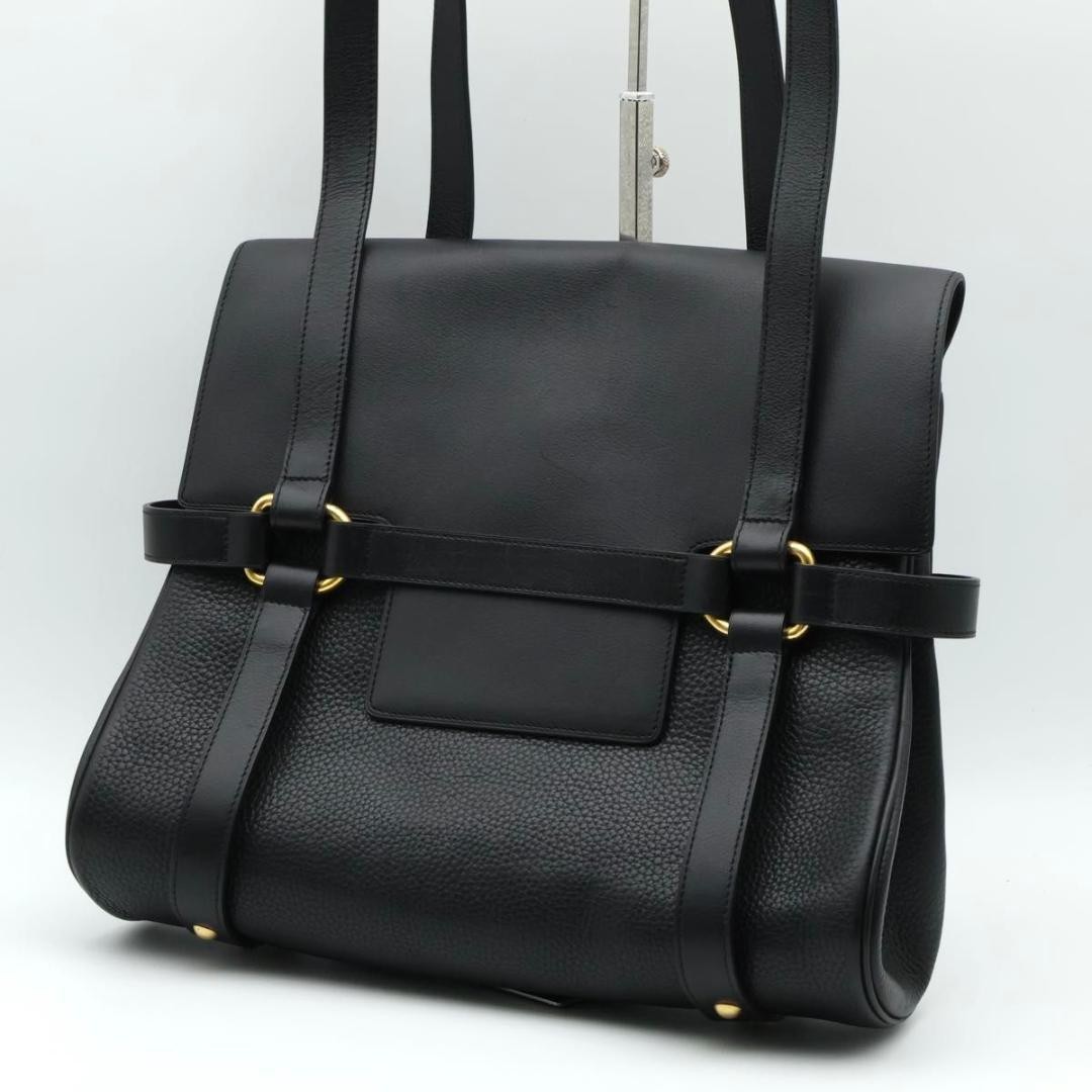 DELVAUX Vintage Leather Flap Shoulder Tote Bag Black Gold D Charm Hardware