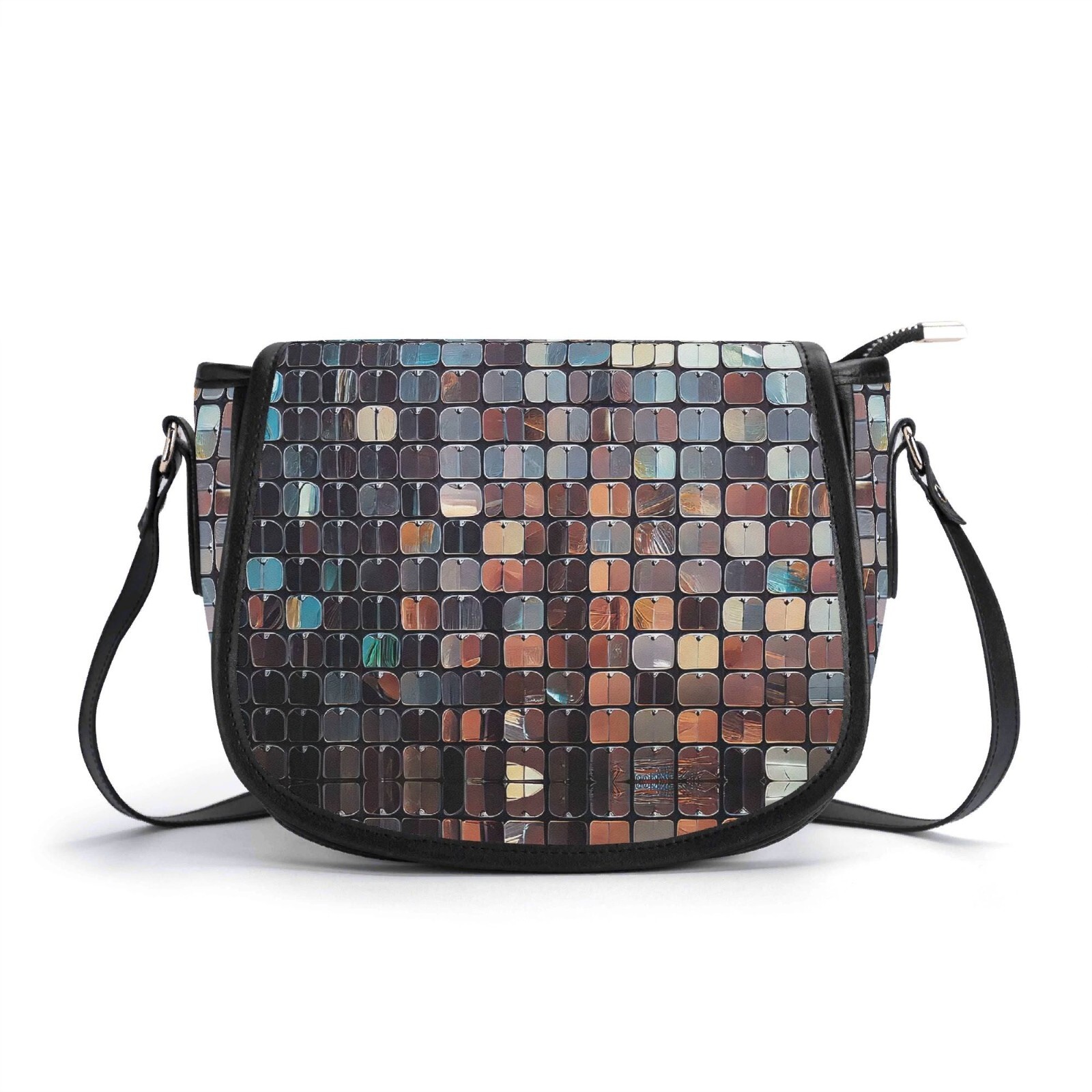 Sequin Tiles Scales Genuine Leather Saddle Shoulder Bag Handbag Silver Disco