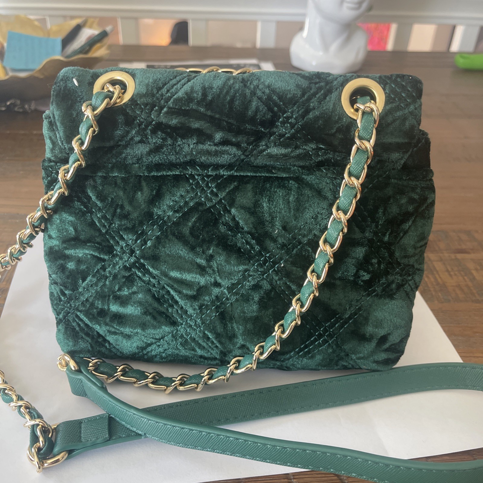 Betsey Johnson Small Purse/ Crossbody Green Velvet Quilted Chain Strap