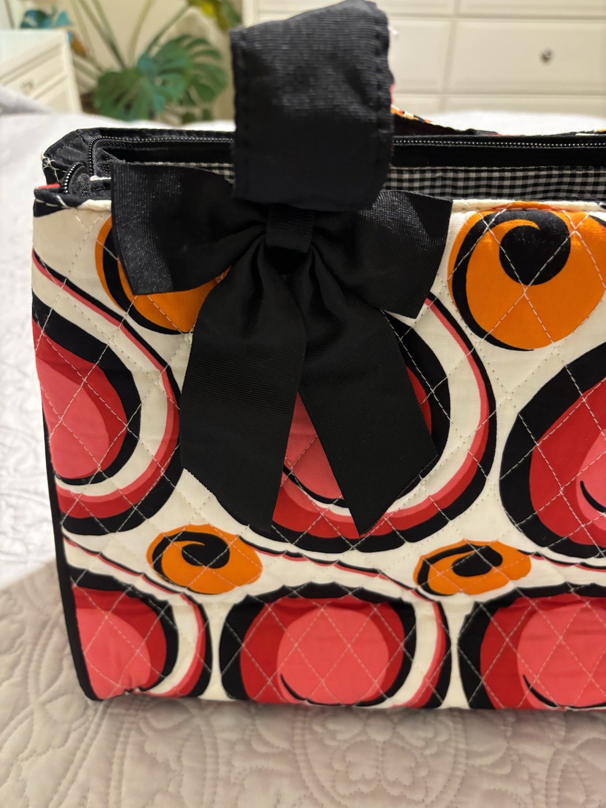 Bliss Quilted Geometric Tote Bag Red Orange Black White Bow Zipper Changing Pad