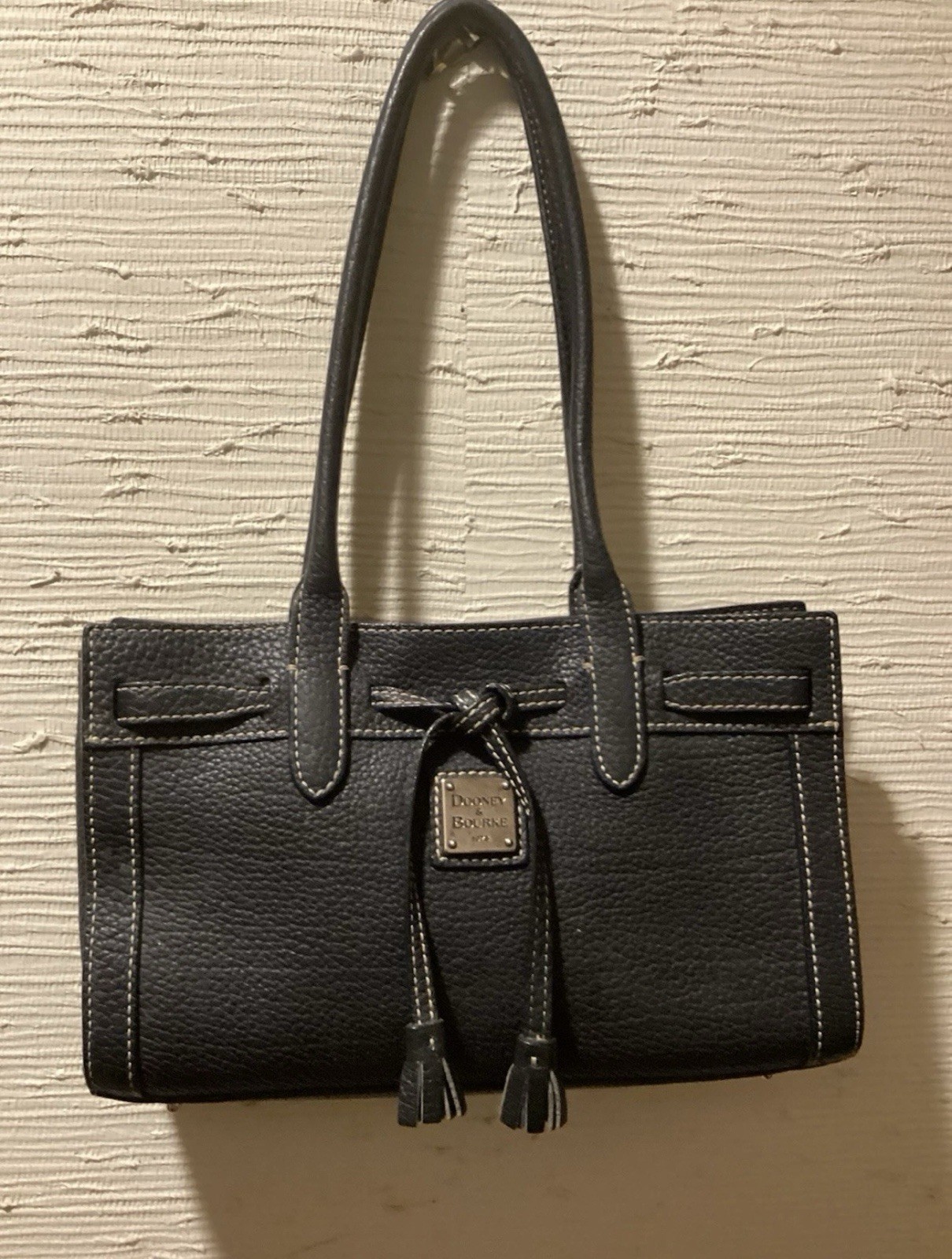 Dooney & Bourke Black Pebbled Tote Double Handles Tassel Silver Paisley Lined