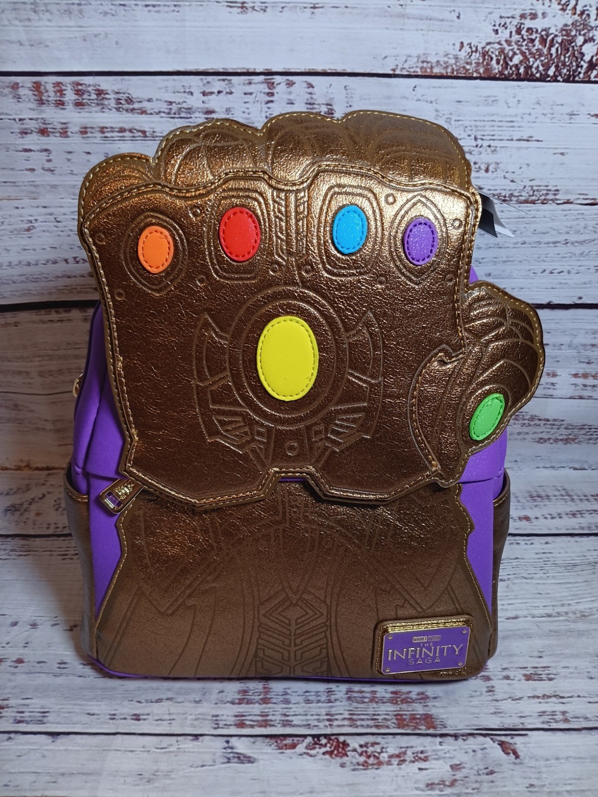 NWT Loungefly Marvel Thanos Shine Gauntlet Mini Backpack Purple Gold