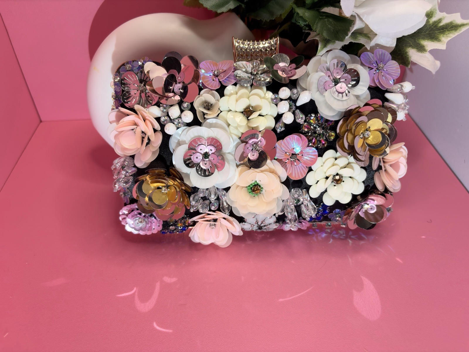 Multicolor Floral Beaded Sequin Embroidered Rectangle Clutch Gold Clasp