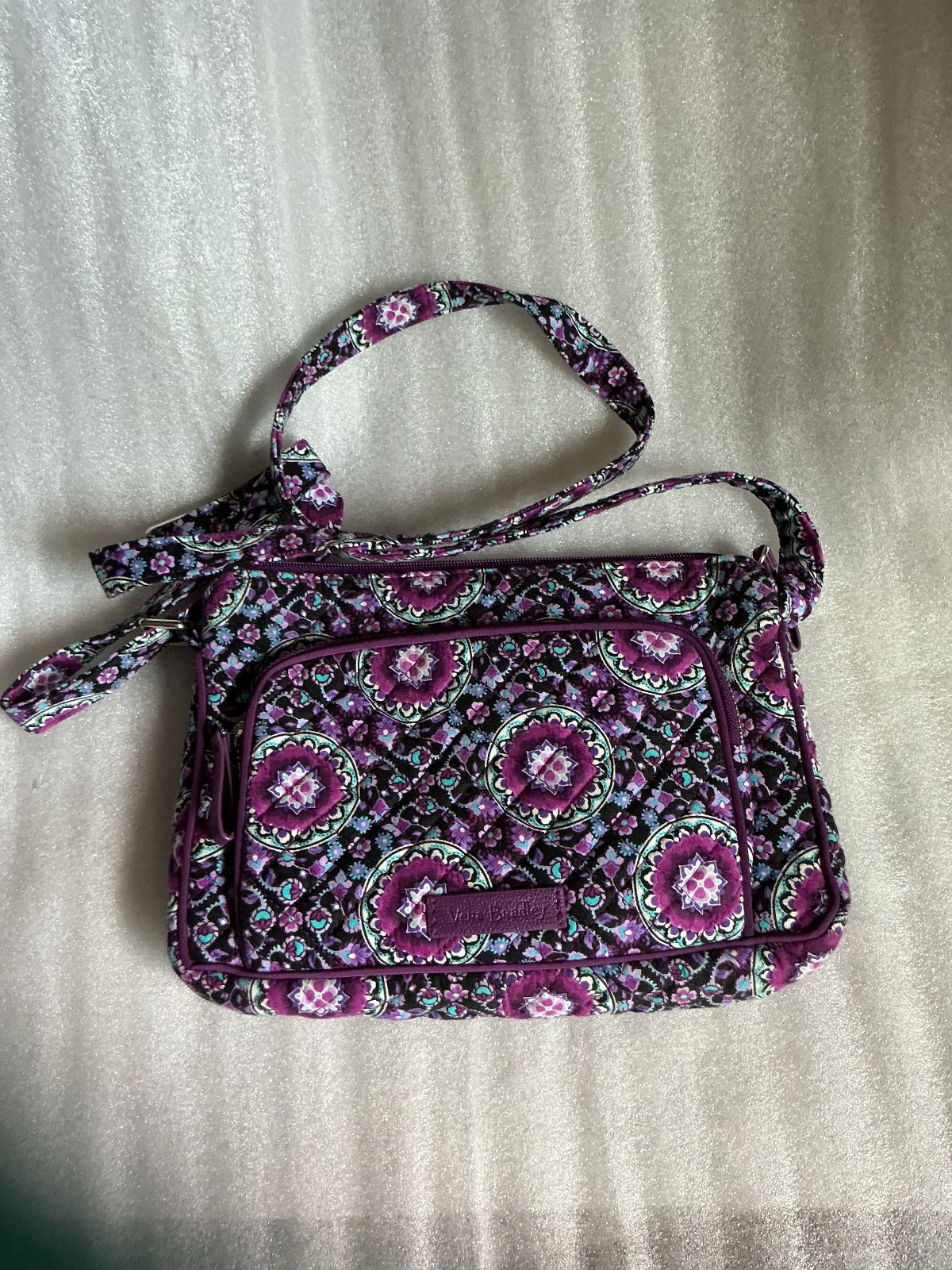 Vera Bradley shoulder bag, purple background floral pattern, medium
