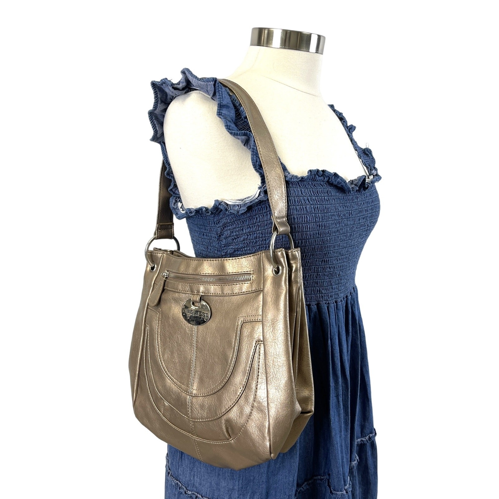 Nine West Shoulder Bag Handbag Bronze Gold Metallic Faux Leather Glam Classic