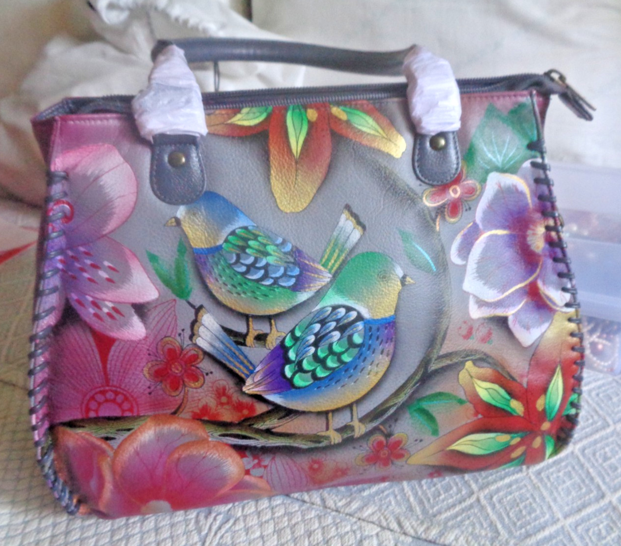 Anuschka Hand Painted Leather Whipstitch Double Handle Bag ~ NWT