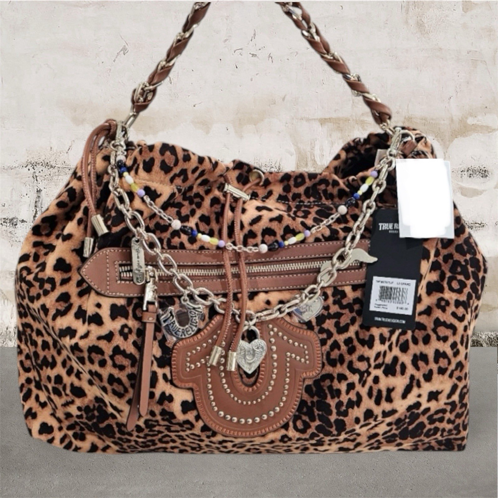 True Religion Leopard Print Large Hobo Satchel Shoulder Bag ~ Chain Charms ~ NWT