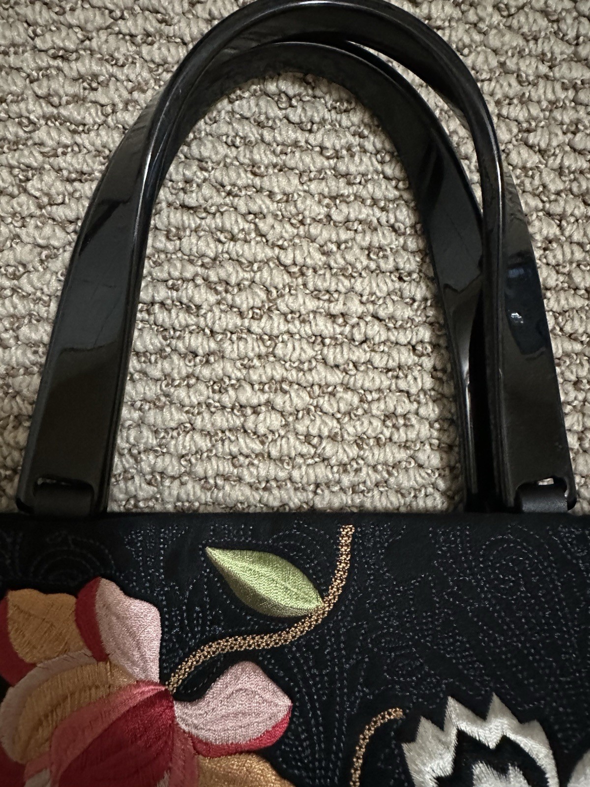 Talbots Floral Embroidered Black Microsuede Handbag, Black Plastic Handles