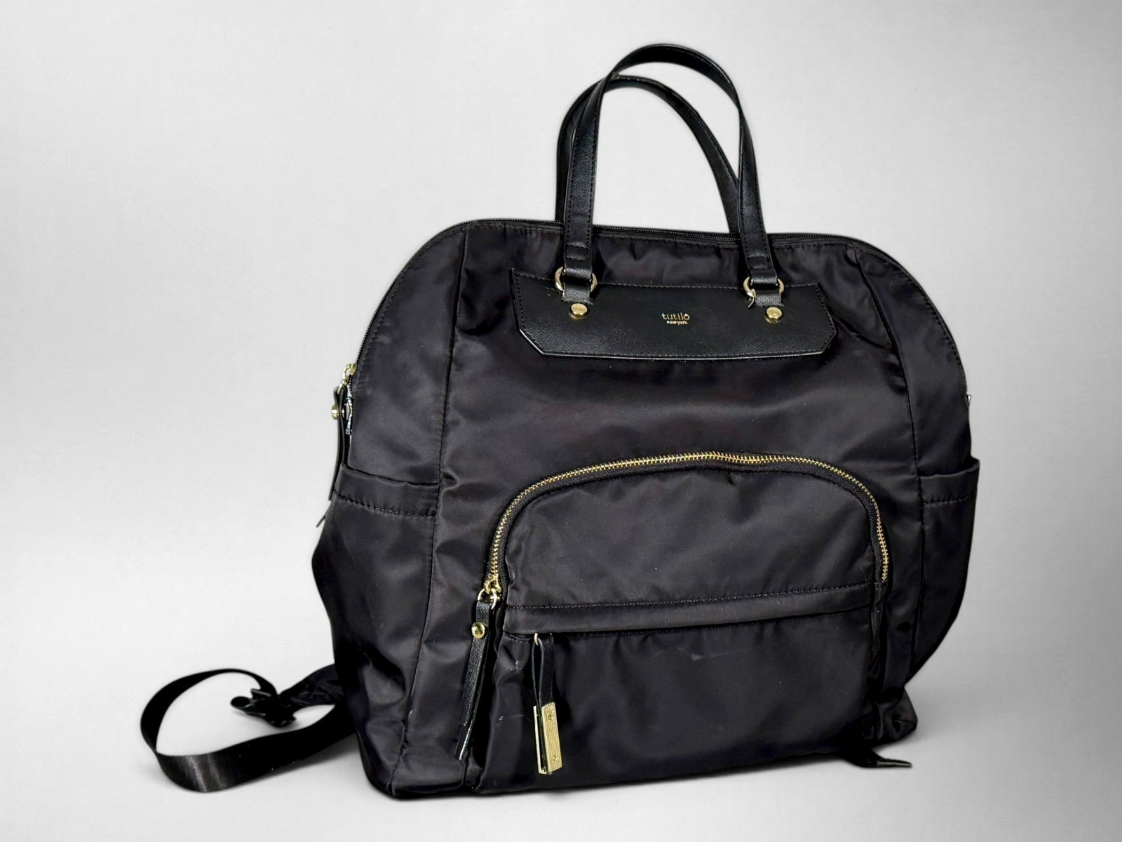 Tutilo New York Black Nylon Tech Backpack Laptop Travel Work Bag Red Lining