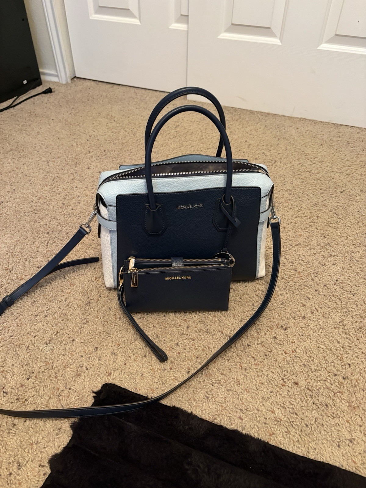 Navy Blue Michael Kors Medium Mercer Handbag With Wallet