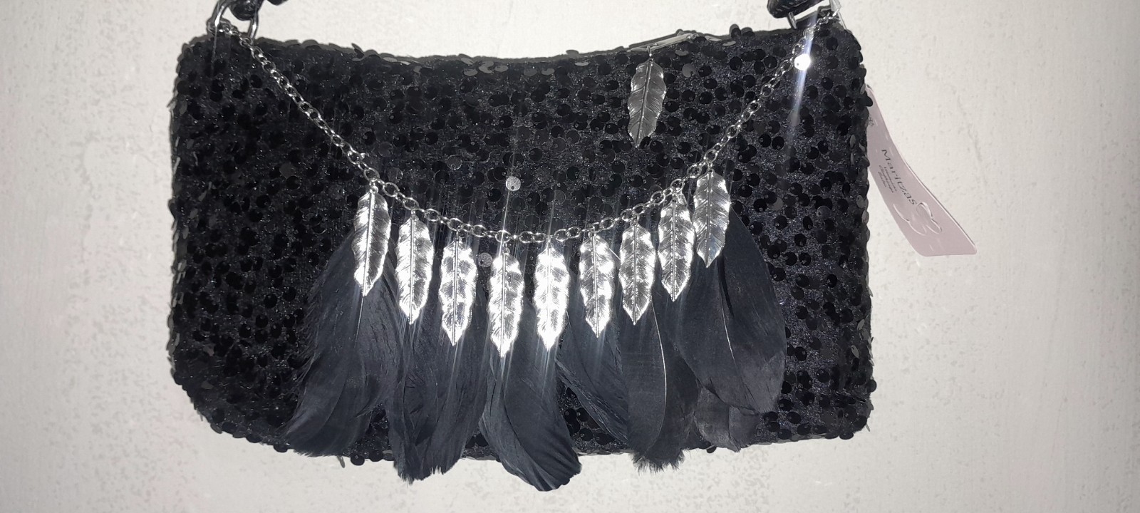 Black Velvet Shoulder Bag with Sequins, Feathers, and Metal feathers