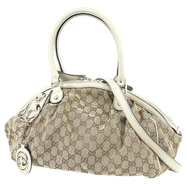 Auth GUCCI 223974 2WAY Sukey Shoulder Bag Beige White GG Canvas Leather Handbag