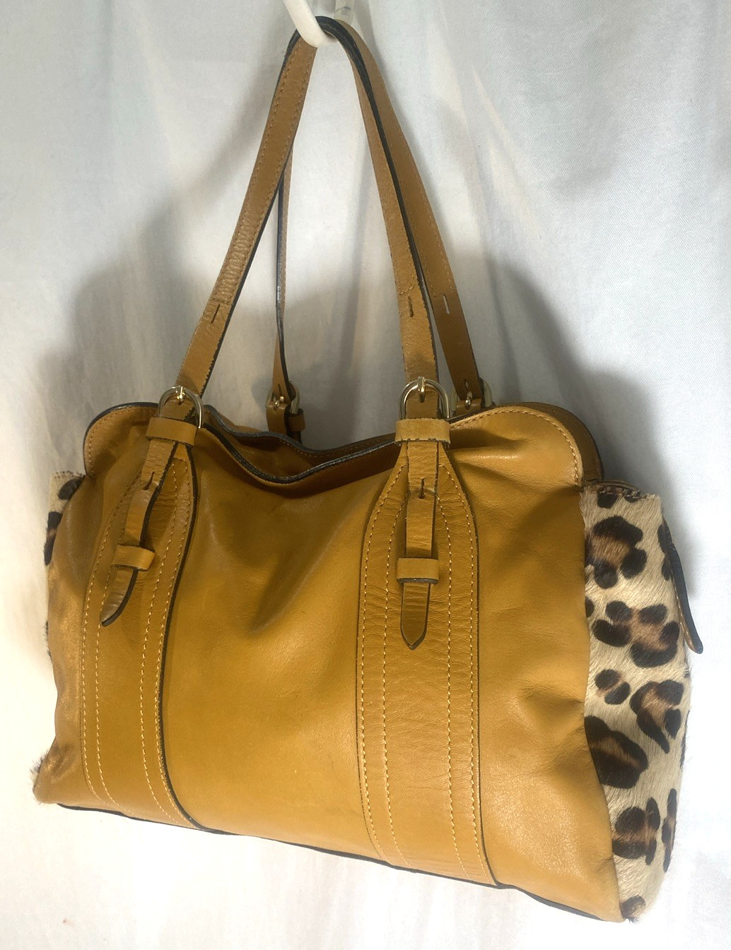 A Bellucci Handbags Leather & Pony Hair Satchel Golden Honey Brown Double Handle