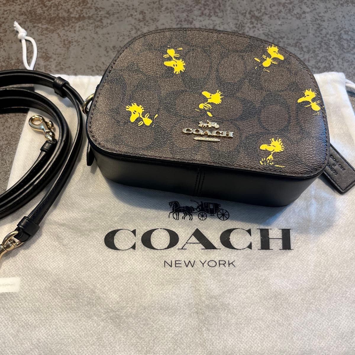 COACH Snoopy Woodstock Signature Shoulder Bag PVC Canvas Leather Compact Brown