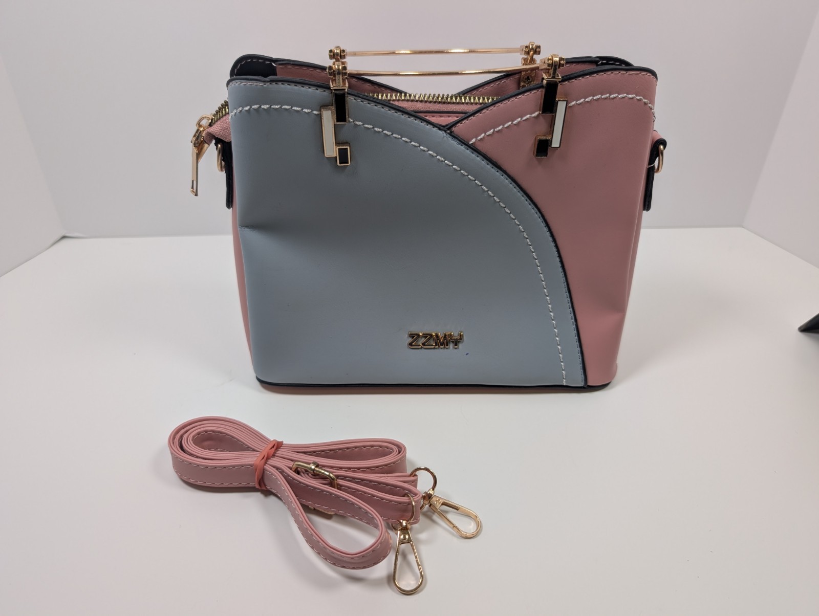 ZZMY Pink and Blue Satchel Handbag Purse Removable Crossbody Strap Gold Tone