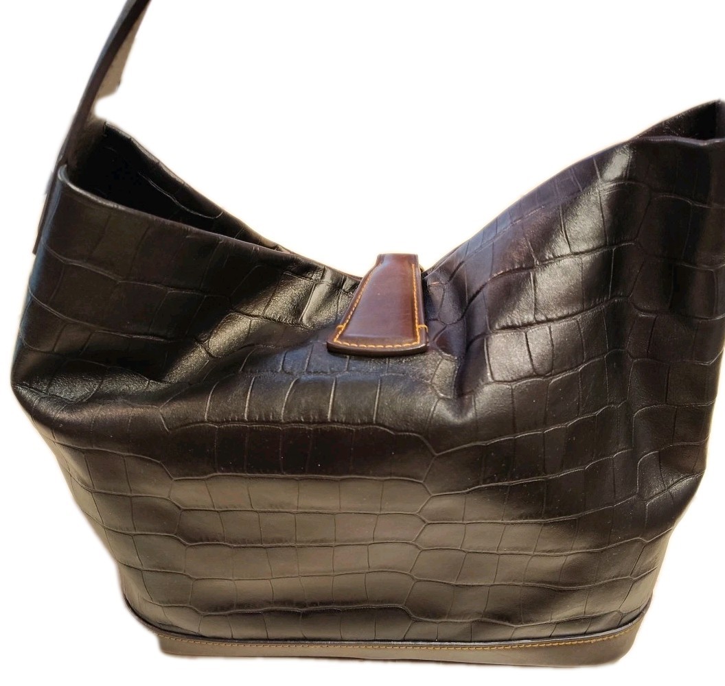 Dooney & Bourke Black With Brown Trim Croc Embossed Leather Logo Lock Hobo Bag