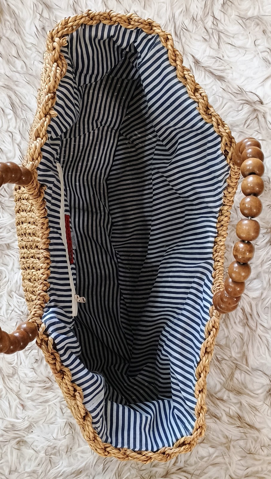 Large Woven Straw Rattan Beach Bag Tote Purse Half Moon Wood Bead Handle Lined