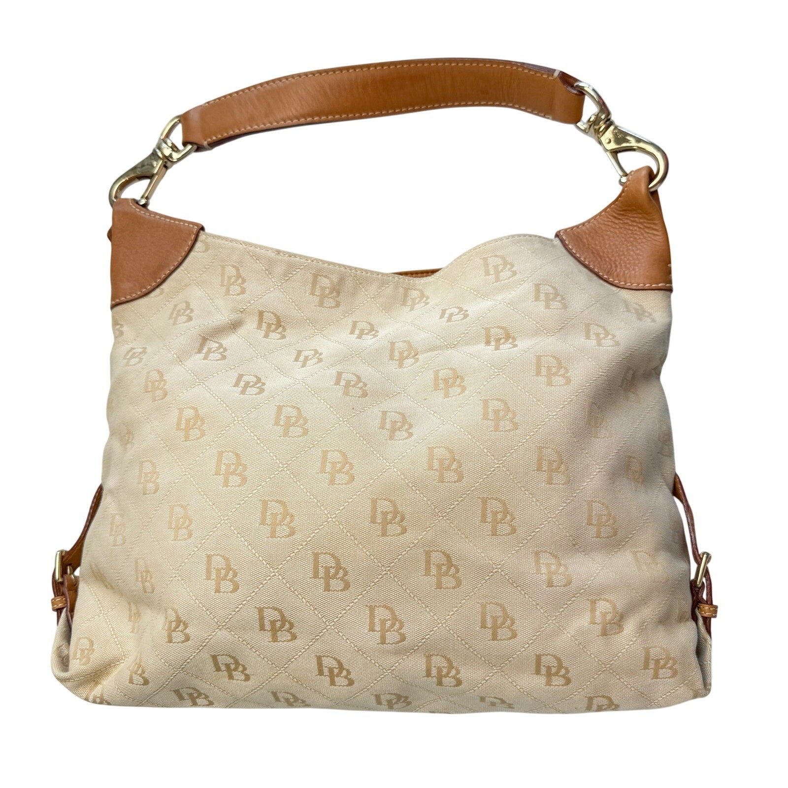 Dooney Bourke K7005639 Large Tan DB Signature Jacquard Leather Hobo Shoulder Bag
