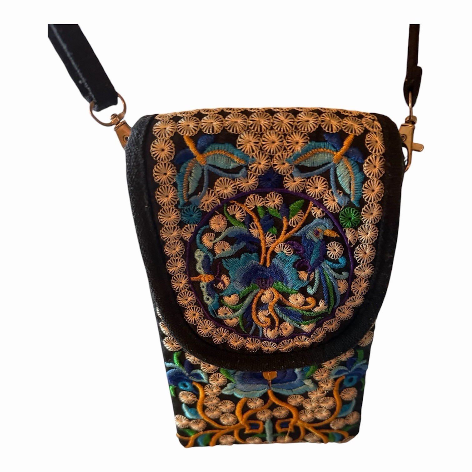 Black Small Crossbody Bag Multicolor Floral Embroidery Adjustable Strap Snap