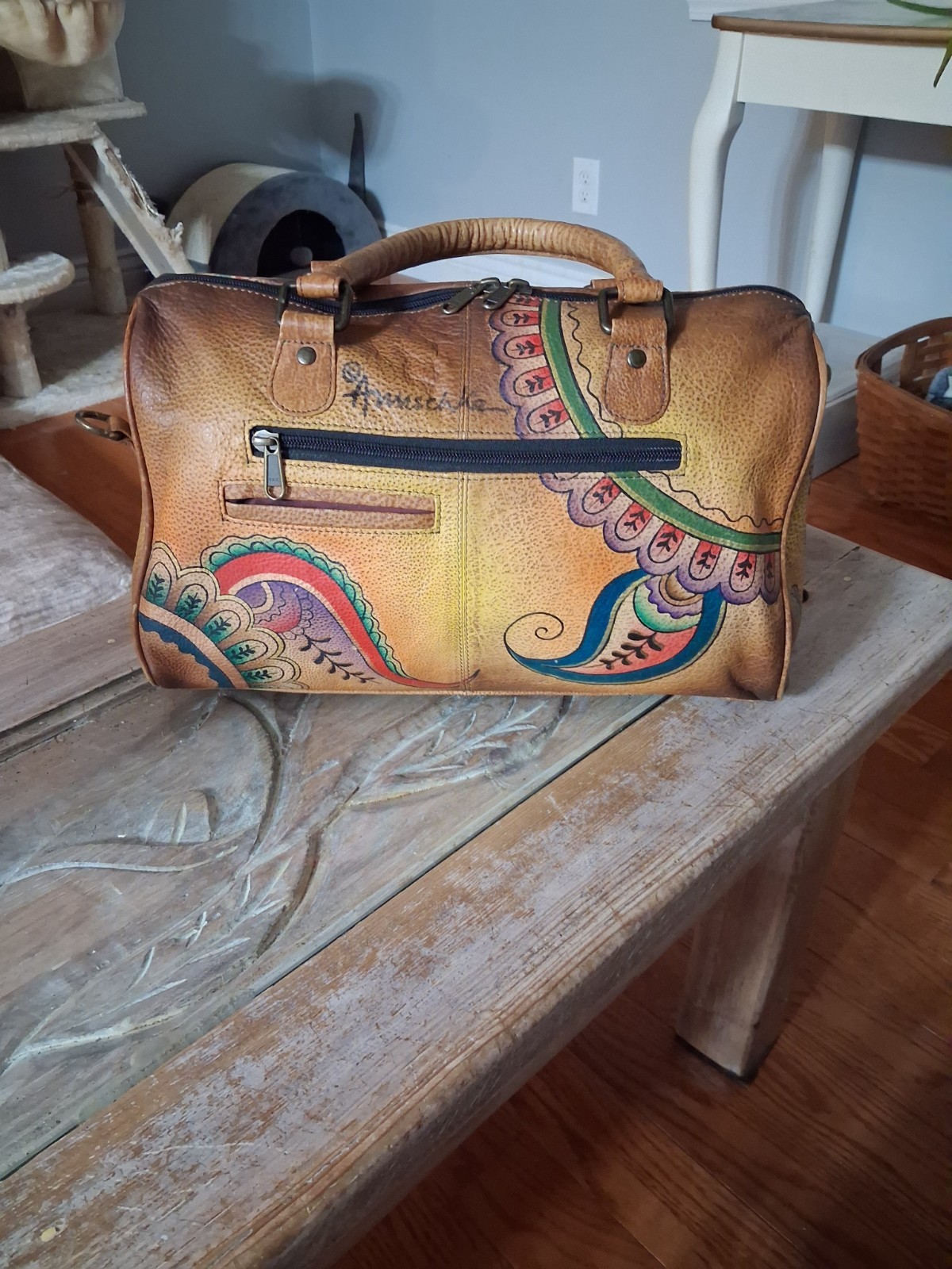 Anuschka Zip Around Satchel Bag Yellow Brown Paisley Hand Painted Leather 13″ W