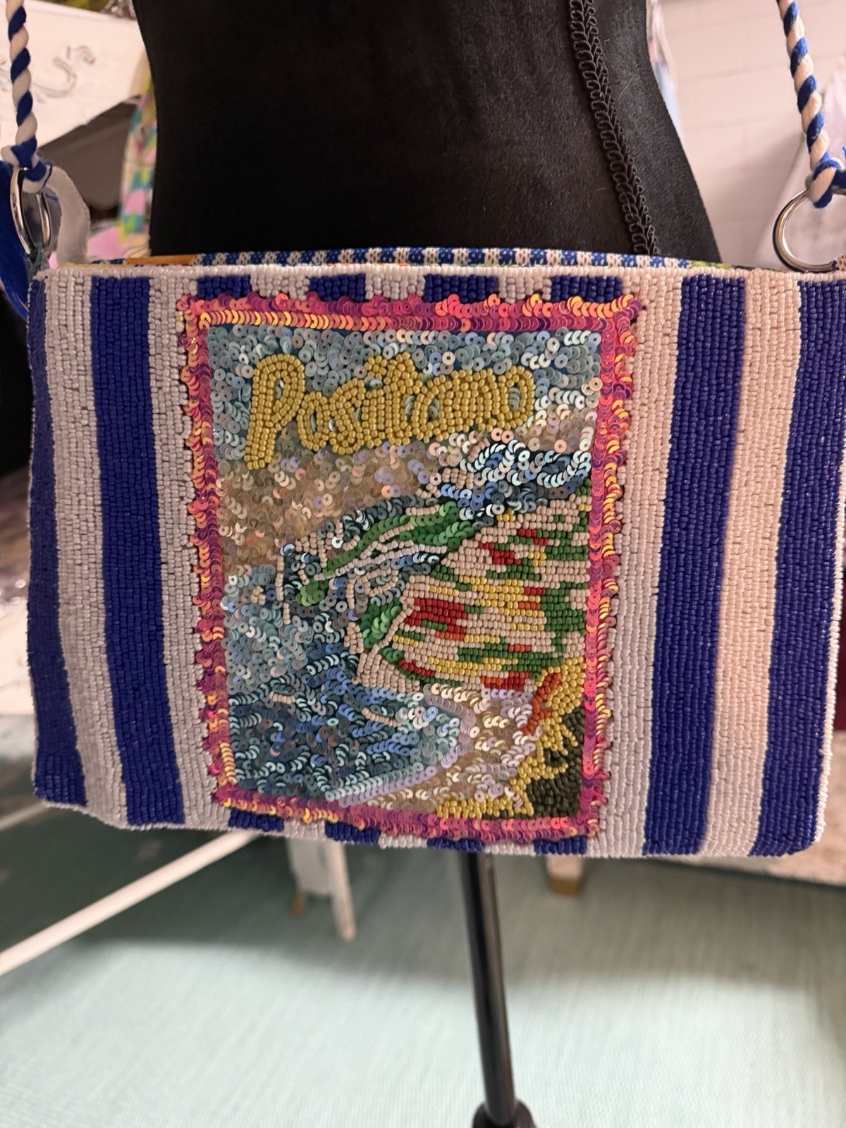 ANTICA SARTORIA 2026 POSITANO BLUE & WHITE STRIPES SEQUINS PURSE NWT