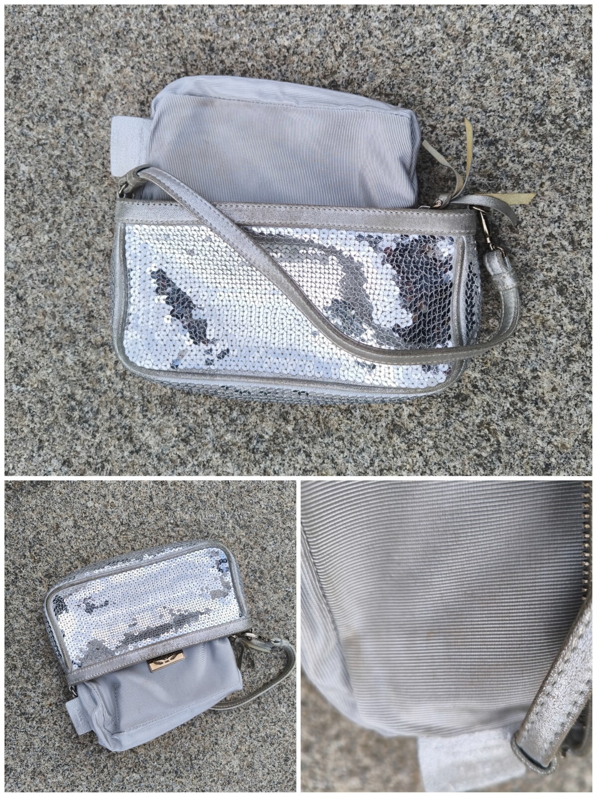 BALLY Y2K MINI Silver sequined leather suede hand bag purse