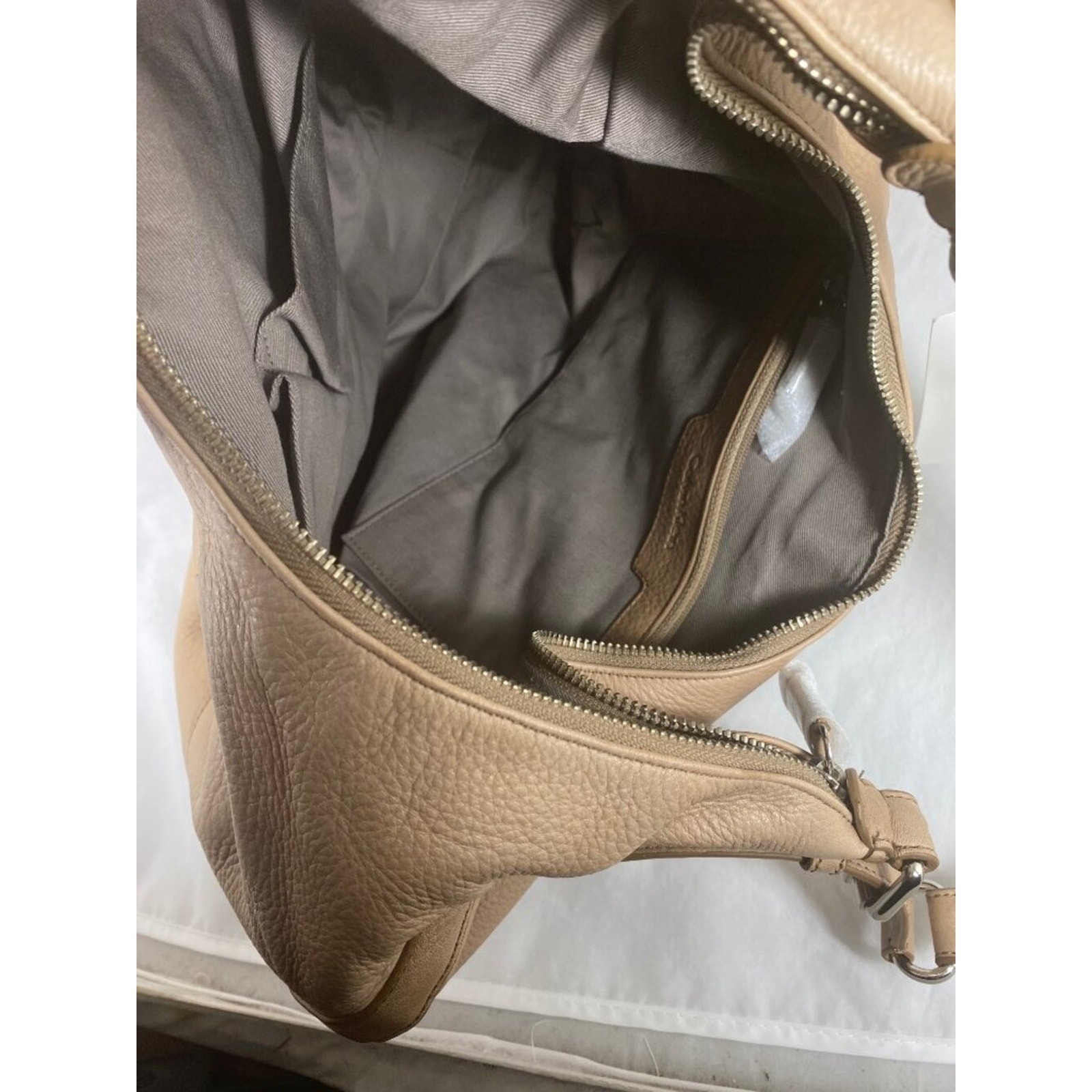 Calvin Klein Classic Pebble Beige Leather Shoulder Hobo Handbag NWT