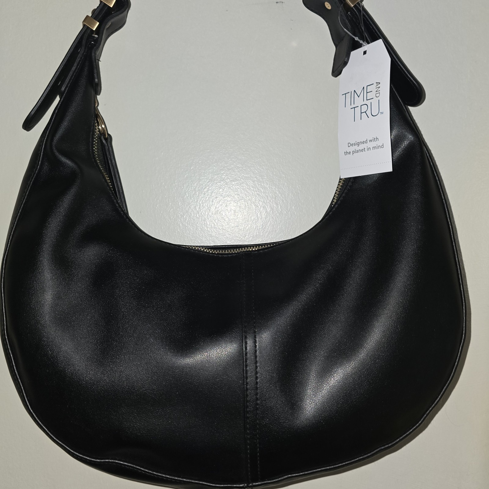 Time And True Black Hobo Shoulder Bag-Leather Look – Made W/Recycled Fibers -New