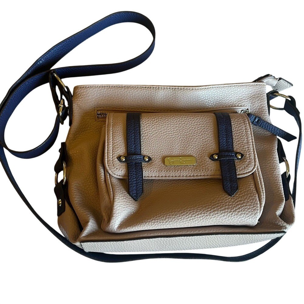 Jessica Simpson Beige Navy Blue Pebbled Faux Leather Crossbody Bag Gold Hardware