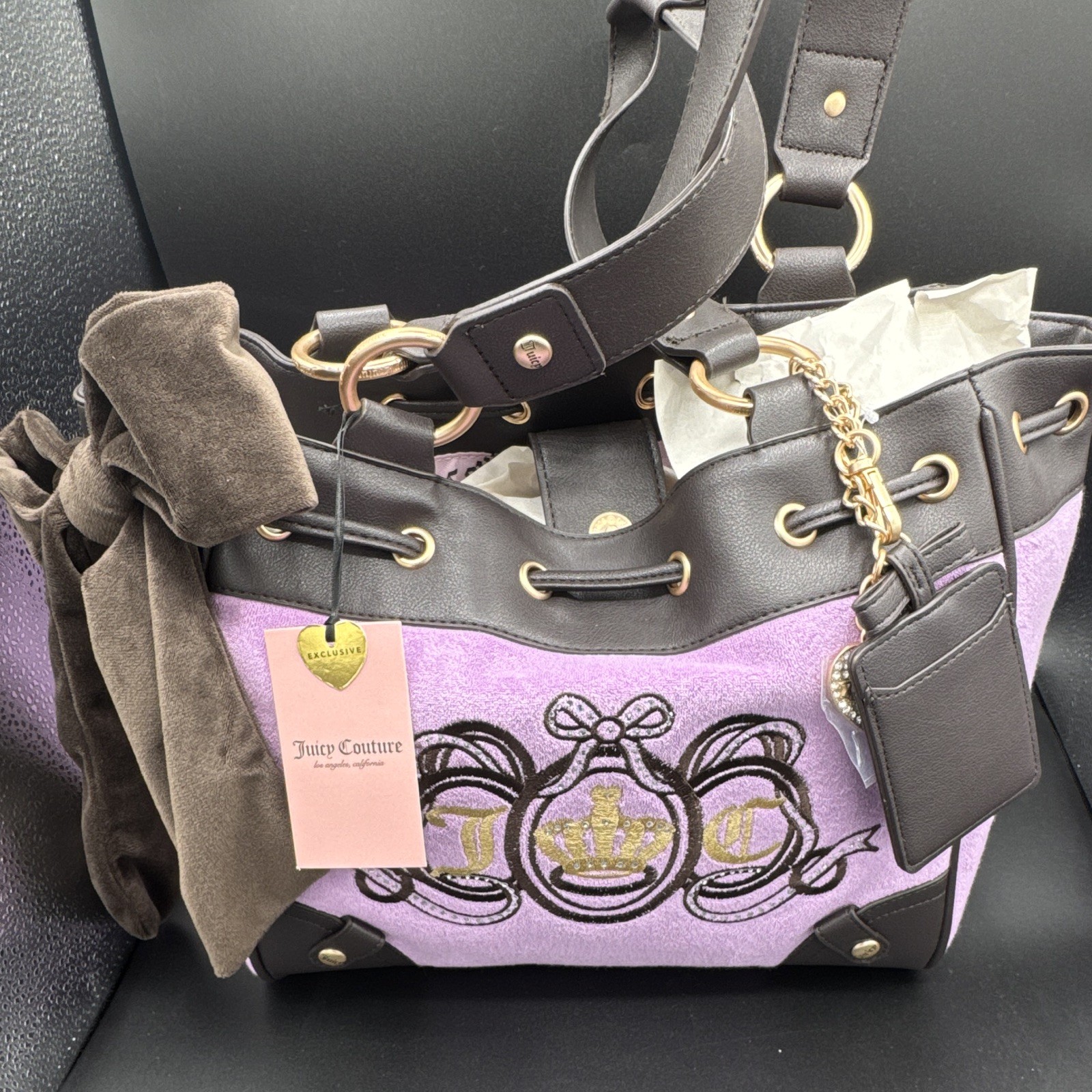 Juicy Couture Purple/Brown Medium Shoulder Bag Bow Logo Heart Charm Gold HW