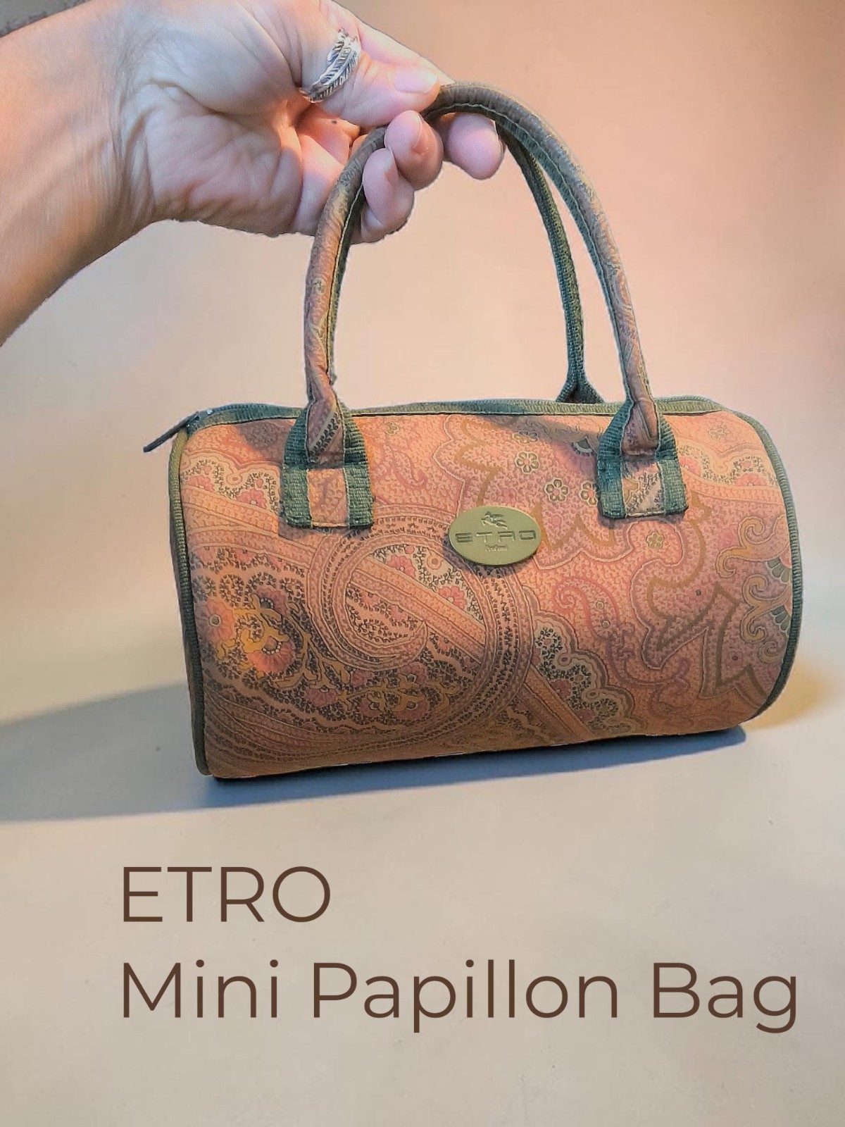 Etro Vintage Paisley Mini Papillon Barrel Bag – Burnt Orange Olive Green Tan