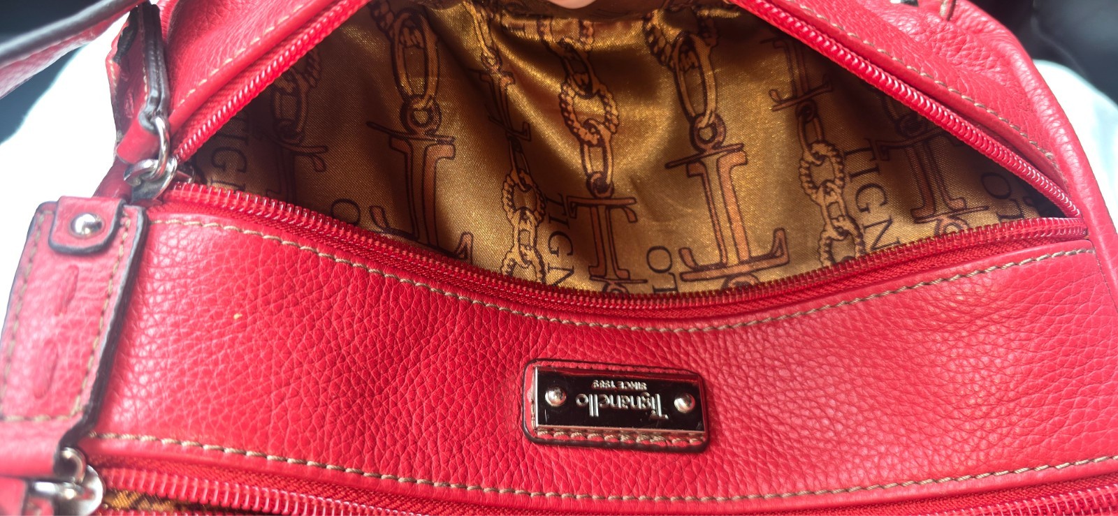 Tignanello Soft Red Pebble Leather Multipocket Med/Large Crossbody Purse Bag…