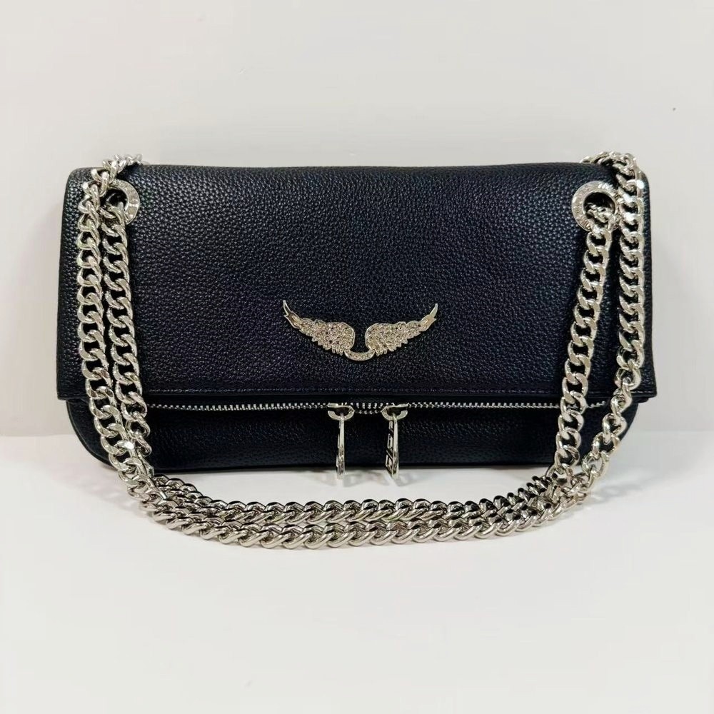 Zadig & Voltaire Rock Wing Shoulder Bag Black Leather Chain Crossbody 27×15×3cm