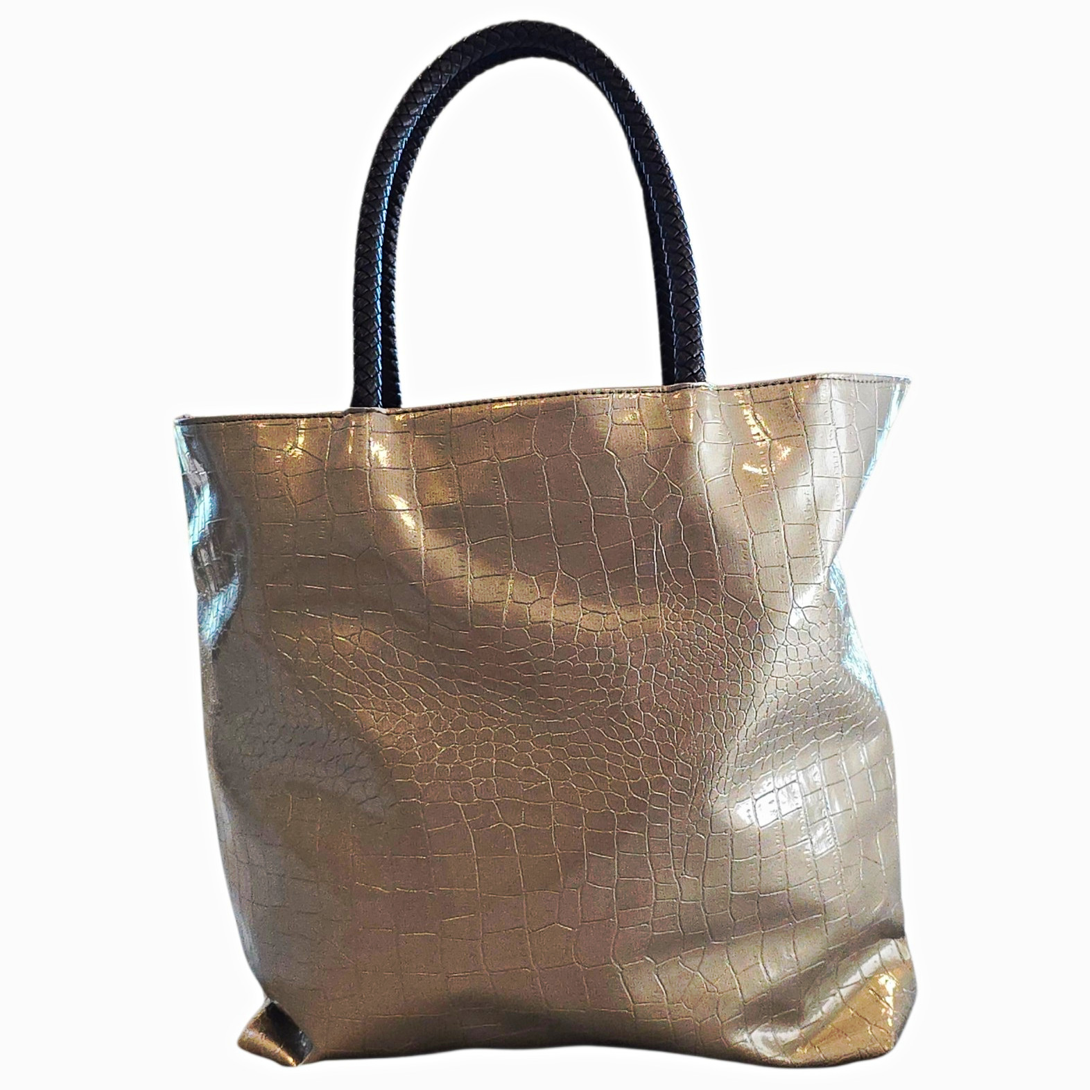 Neiman Marcus Taupe Croc Embossed Tote Bag Glossy Lined Black Double Handles