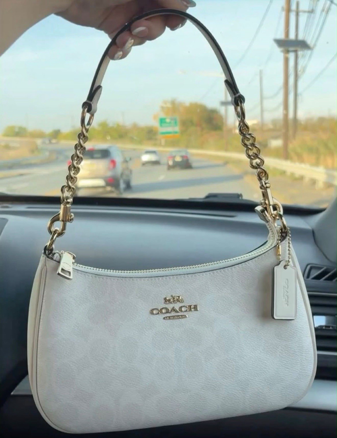 Coach Signature Logo White Crescent Shoulder Bag Zip Gold Chain Detachable Charm