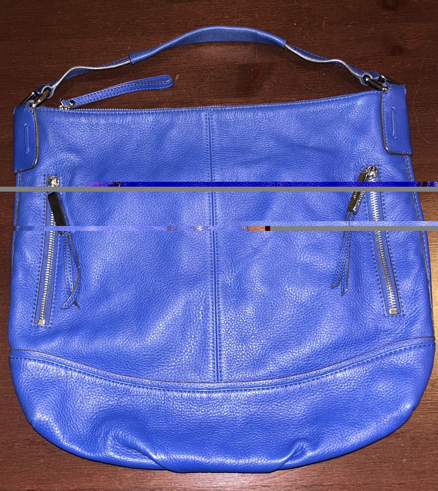 B. Makowsky Cobalt Blue Pebbled Leather Hobo Shoulder Bag Silver Zipper Accents