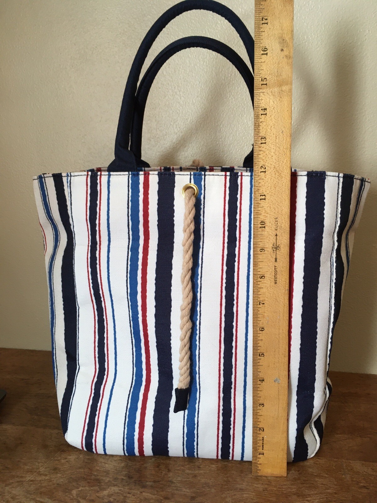 Estee Lauder Blue, Red, Black And White Striped Tote Bag With Handles