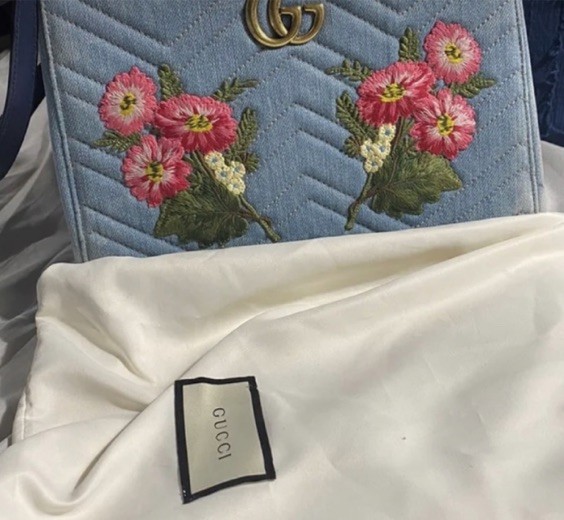 Gucci Marmont Denim Embroidered Flowers Matelasse Hand Shoulder Bag 2 Way $2,500