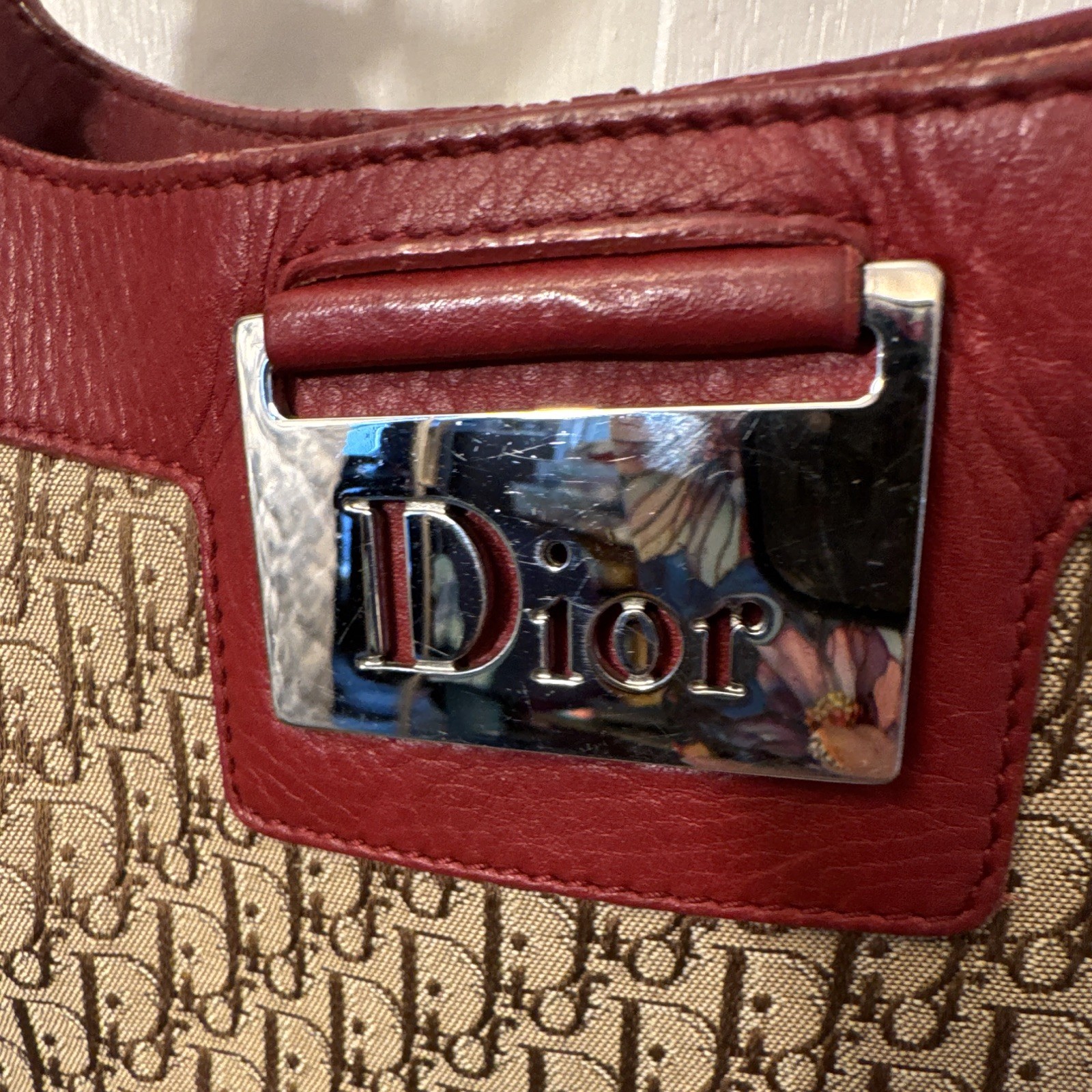 Dior Beige Red Monogram Shoulder Bag Zip Snap Logo Buckle Pockets Silver