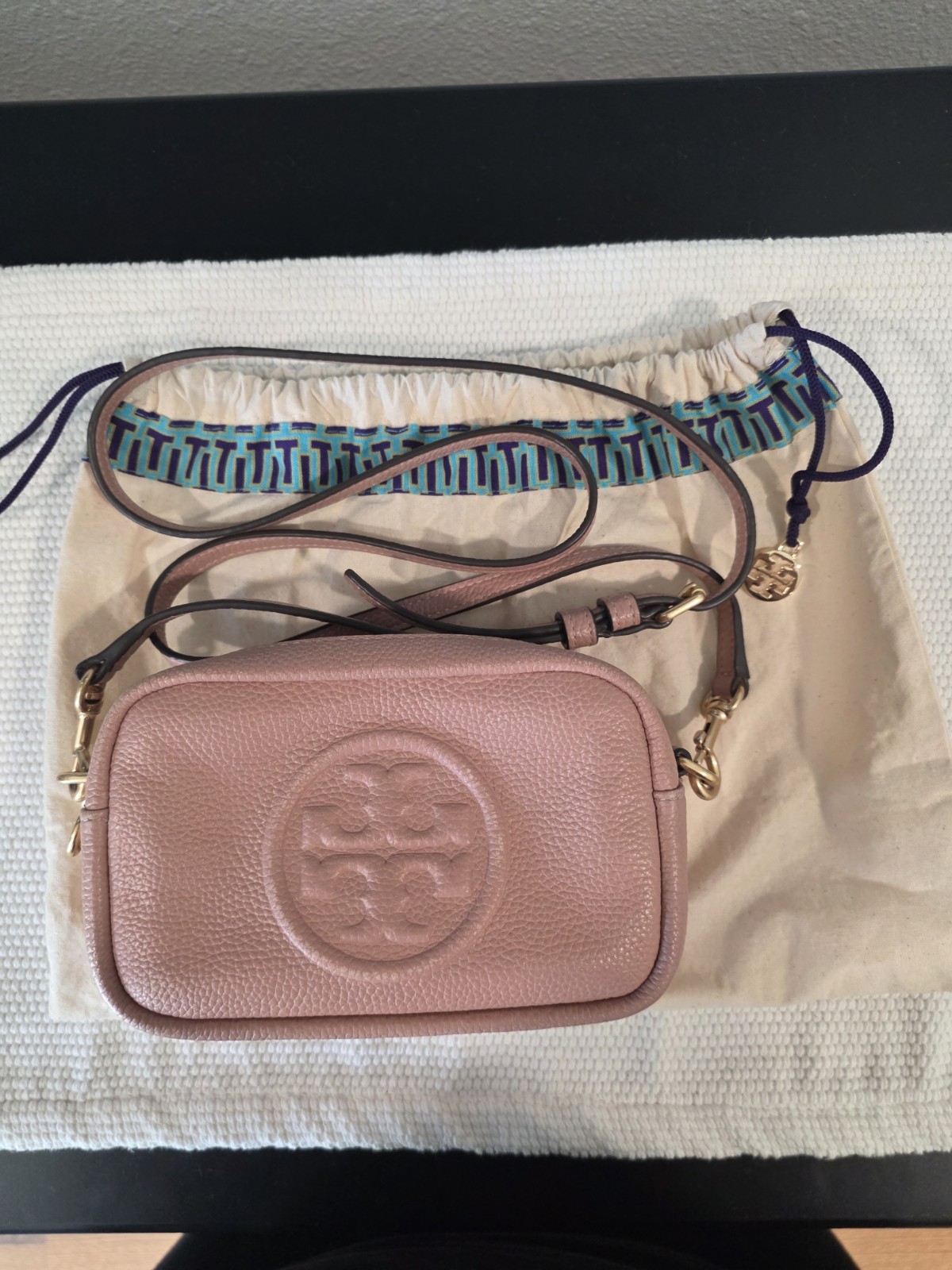 Tory Burch Light Pink Pebbled Crossbody Bag Double Compartment Gold Hardware