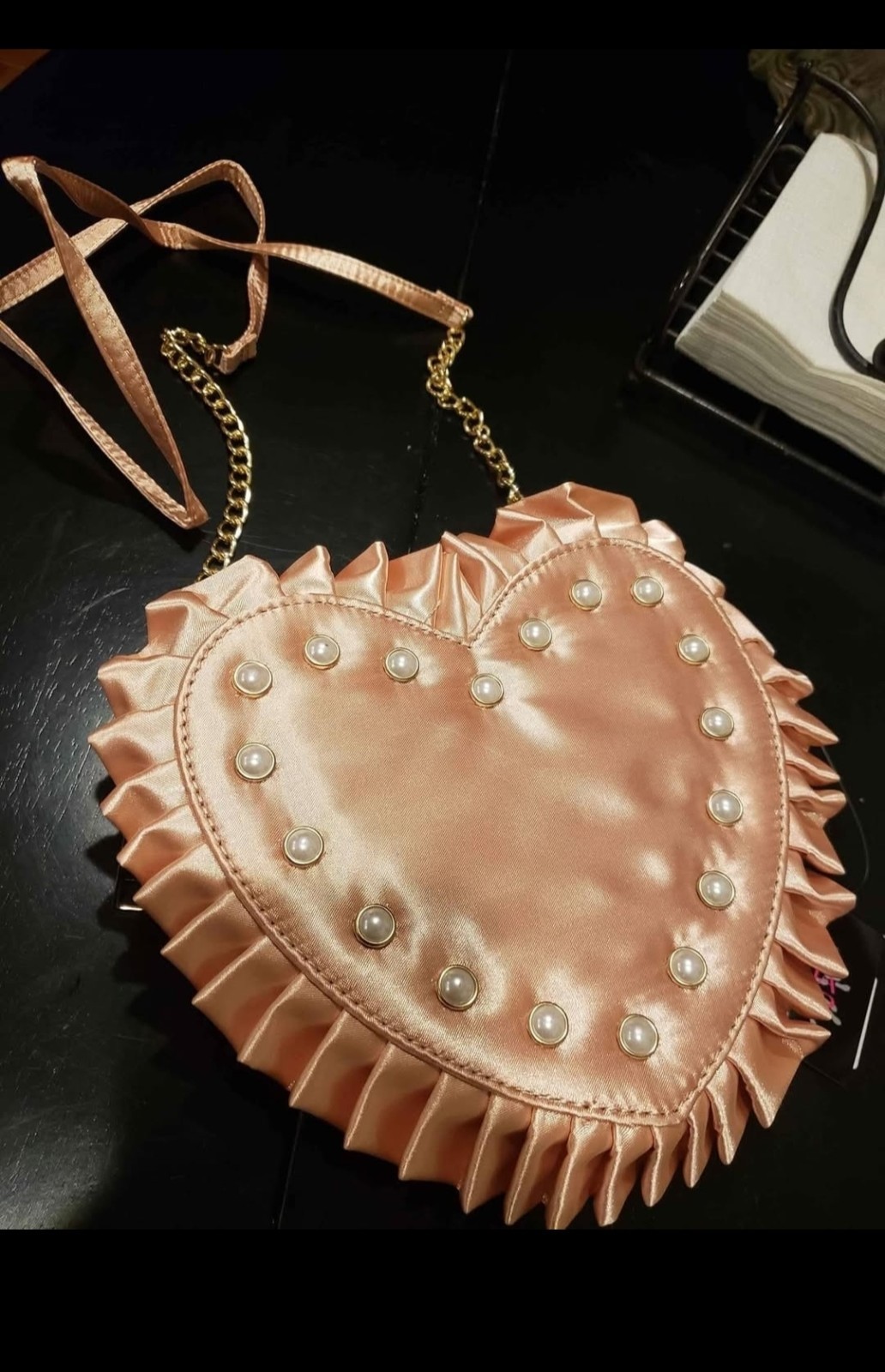 Olivia Miller Pink Heart Bag with Ruffle, Zipper and Chain Super Cute New w/Tags