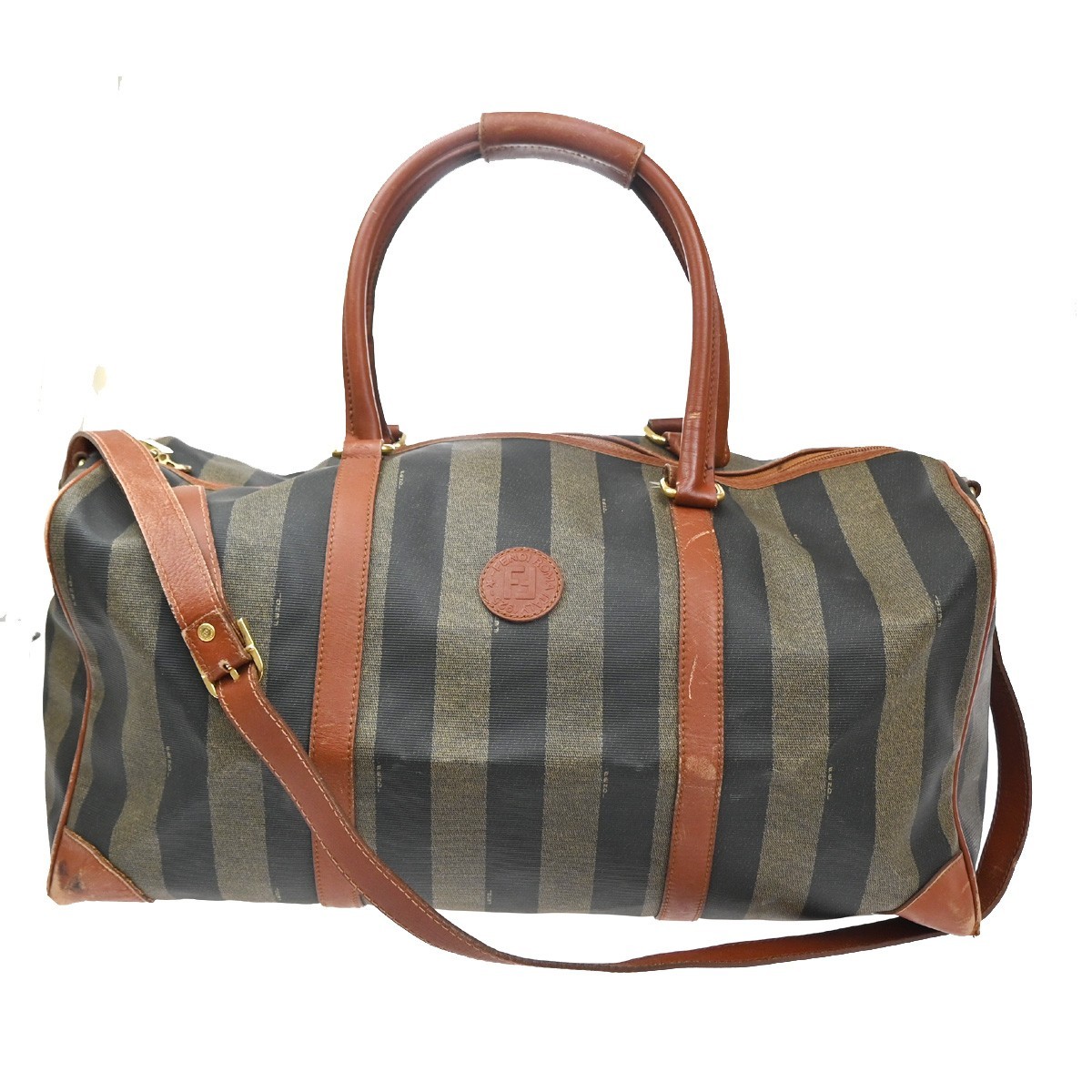 FENDI Logo Pequin Travel Boston 2Way Hand Bag PVC Leather Brown Italy 30YJ156