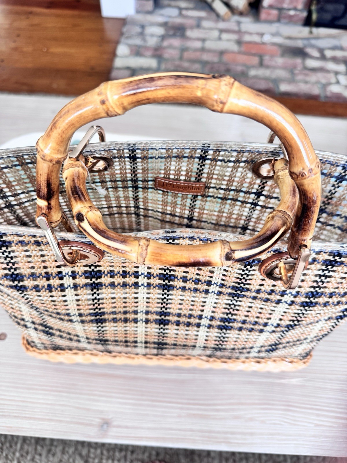 J McLaughlin Wicker Straw Woven Bamboo Tote Bag NWOT