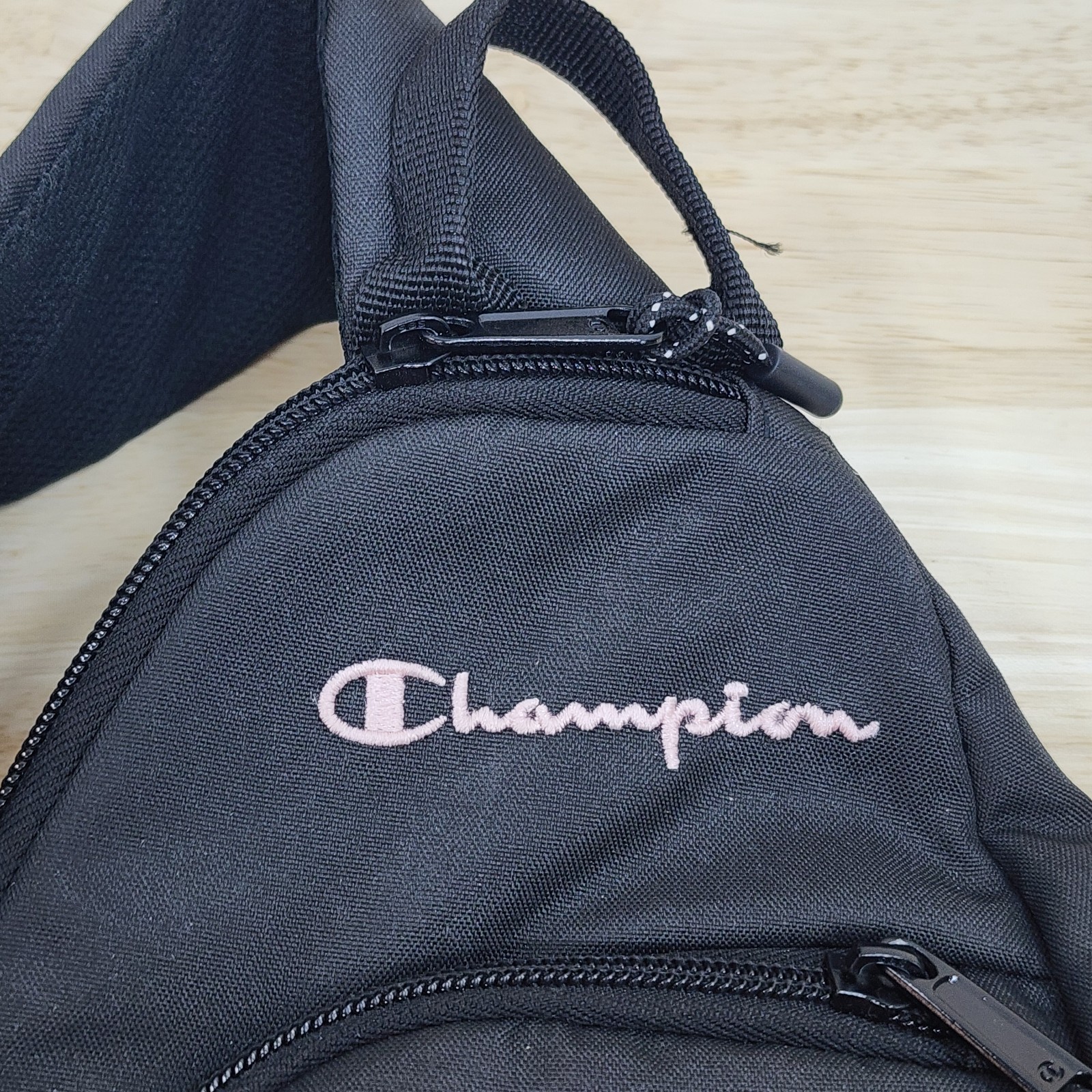 Champion Sling Bag Crossbody Backpack Black Pink Logo Athletic Travel Vacation