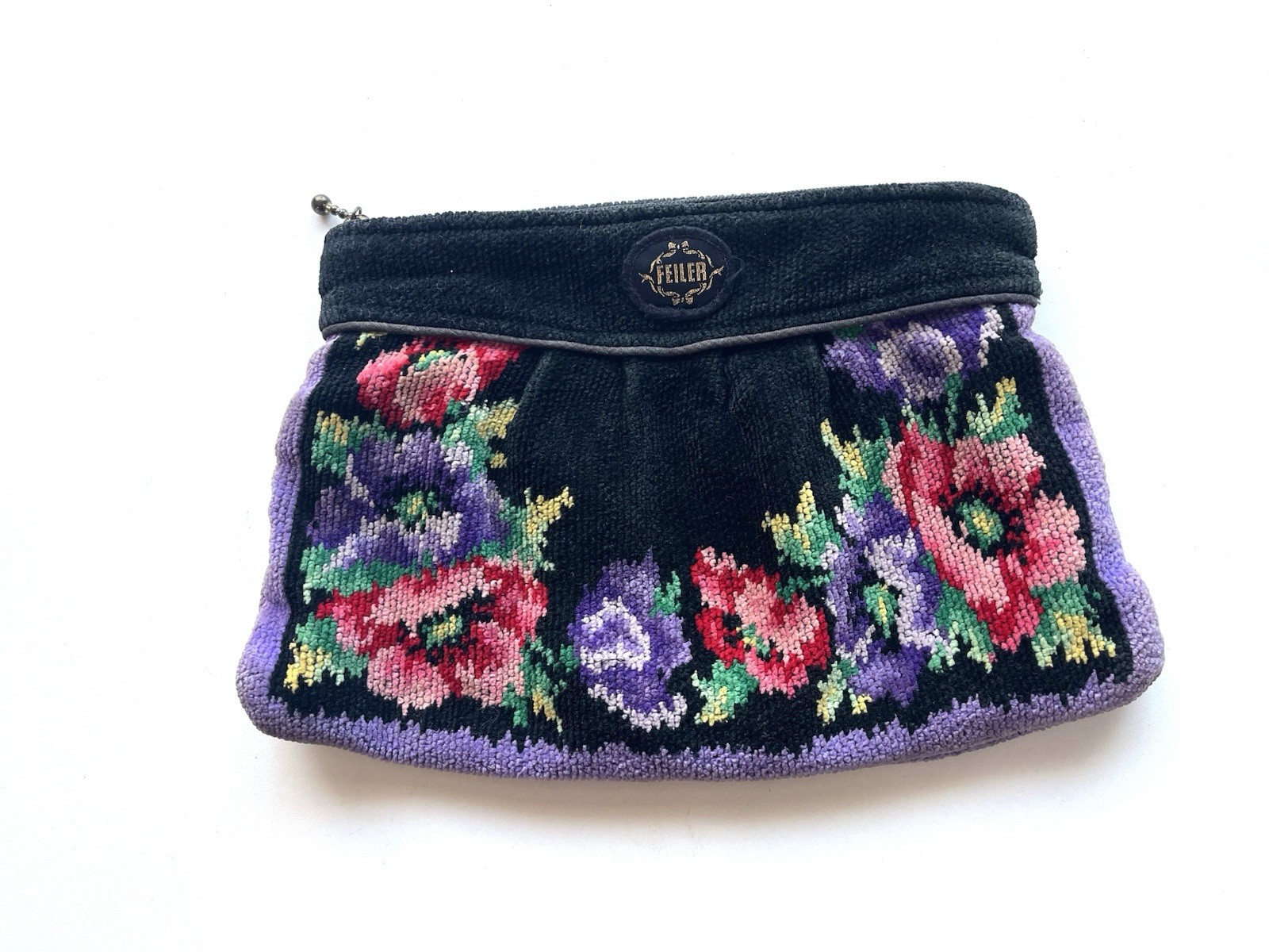 FEILER Floral Chenille Pouch Large 26cm Black Purple Vintage Japan