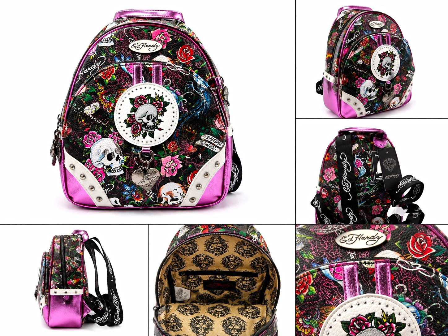 Ed Hardy Small Metallic Multicolor Pink Skull Floral Backpack Studded Bag Charm