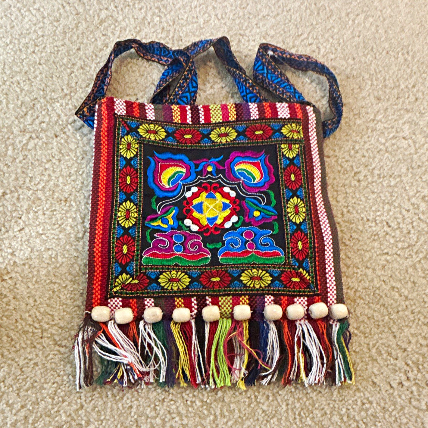 Multicolor Striped Embroidered Fringe Beaded Crossbody Bag, Zip, Lined