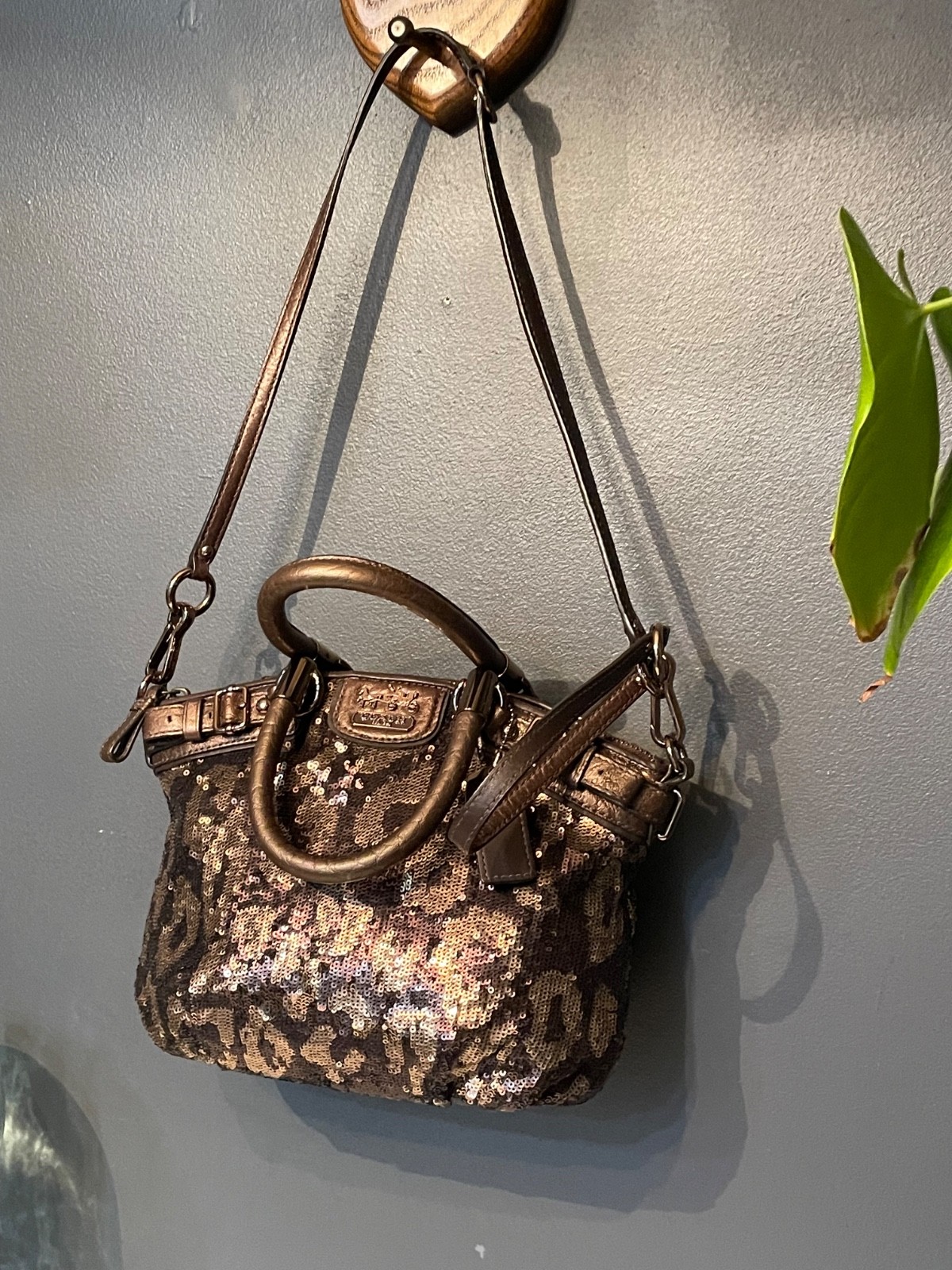 Coach Madison Sophia 18638 Leopard Sequin Satchel Bronze Crossbody Purse Bag