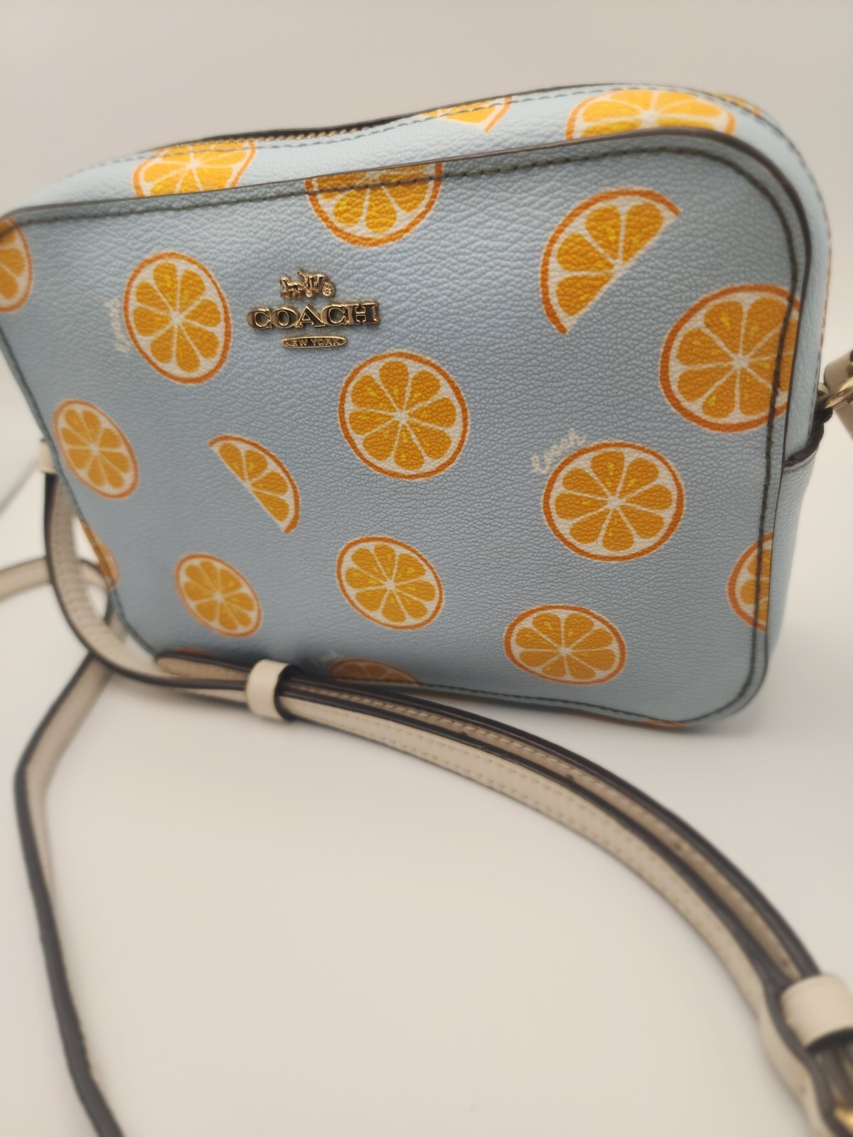 Coach Orange Slice Citrus Mini Camera Crossbody Handbag Purse Blue Orange