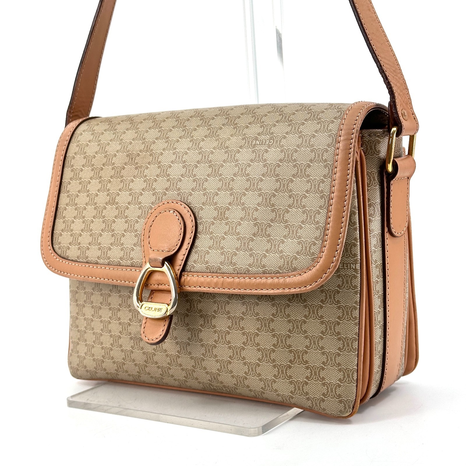 Celine Macadam Triomphe Crossbody Shoulder Bag PVC Leather Beige Brown Vintage